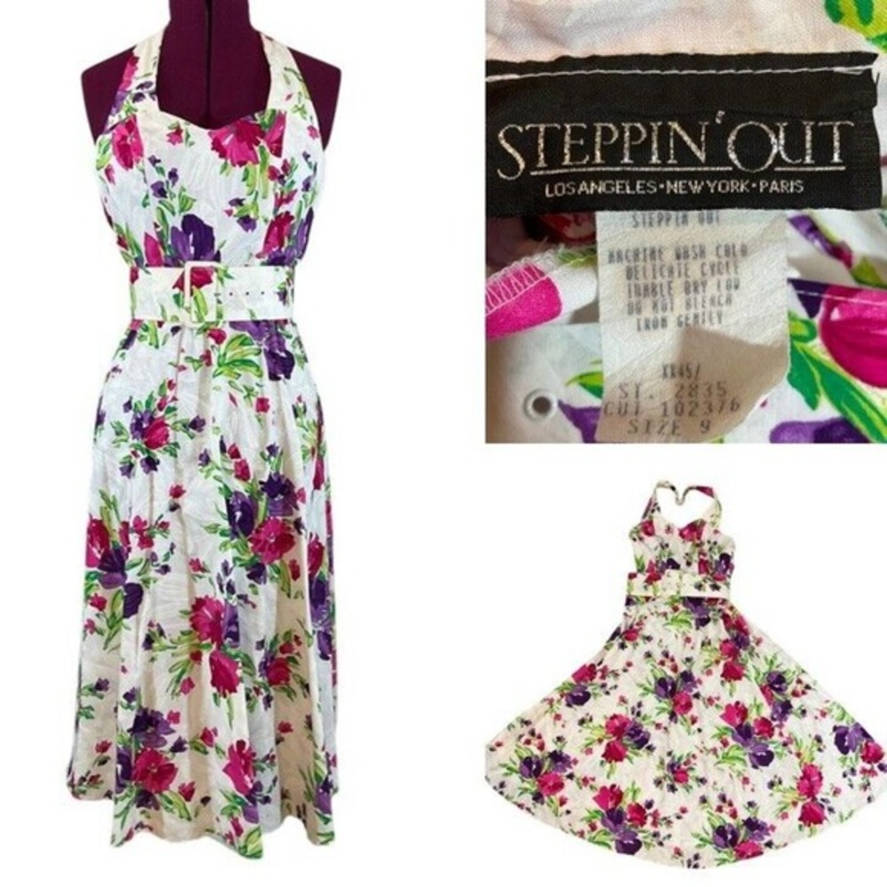 Vintage STEPPIN OUT Sz 9 Dress Floral Halter Maxi 80s PinUp Girl Party Sun Dress
